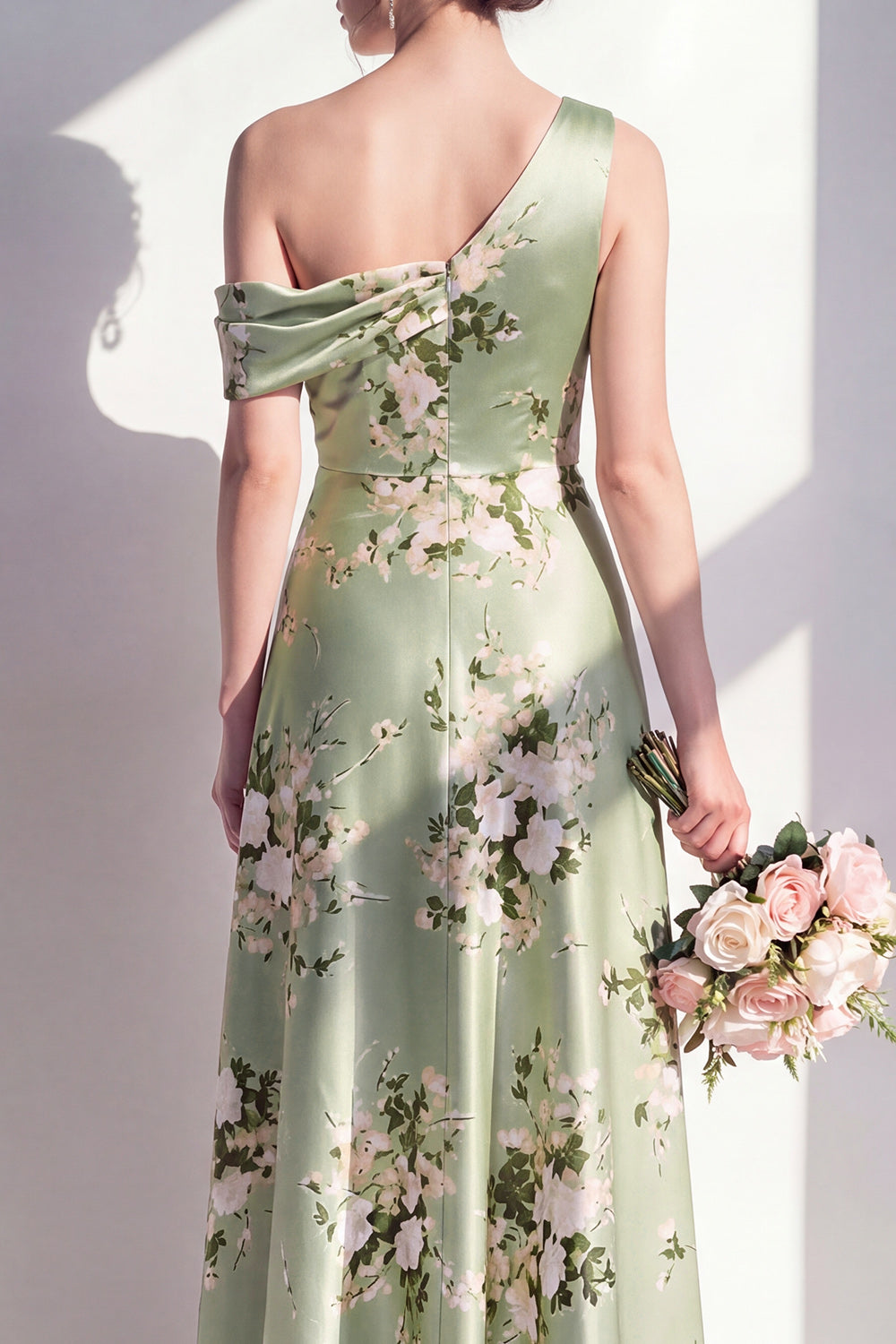 Sage Green One Shoulder Floral Ruched A Line Long Bridesmaid Dress