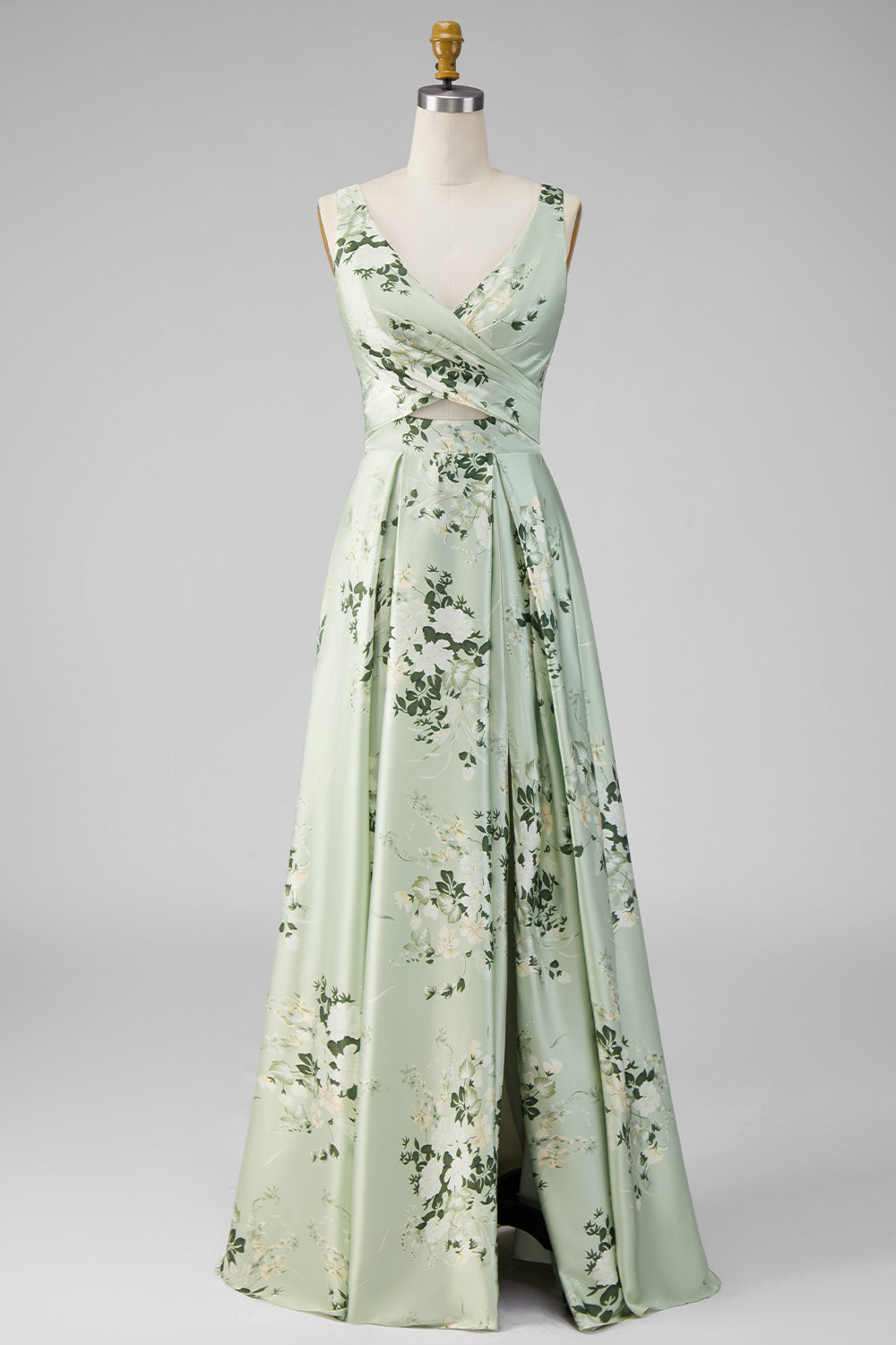 Keyhole Sage Green Floral V-Neck A Line Long Bridesmaid Dress with Slit