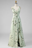 Keyhole Sage Green Floral V-Neck A Line Long Bridesmaid Dress with Slit