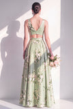 Keyhole Sage Green Floral V-Neck A Line Long Bridesmaid Dress with Slit