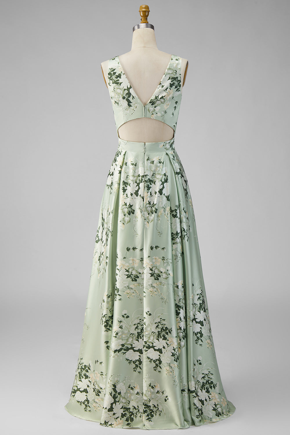 Keyhole Sage Green Floral V-Neck A Line Long Bridesmaid Dress with Slit