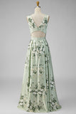 Keyhole Sage Green Floral V-Neck A Line Long Bridesmaid Dress with Slit