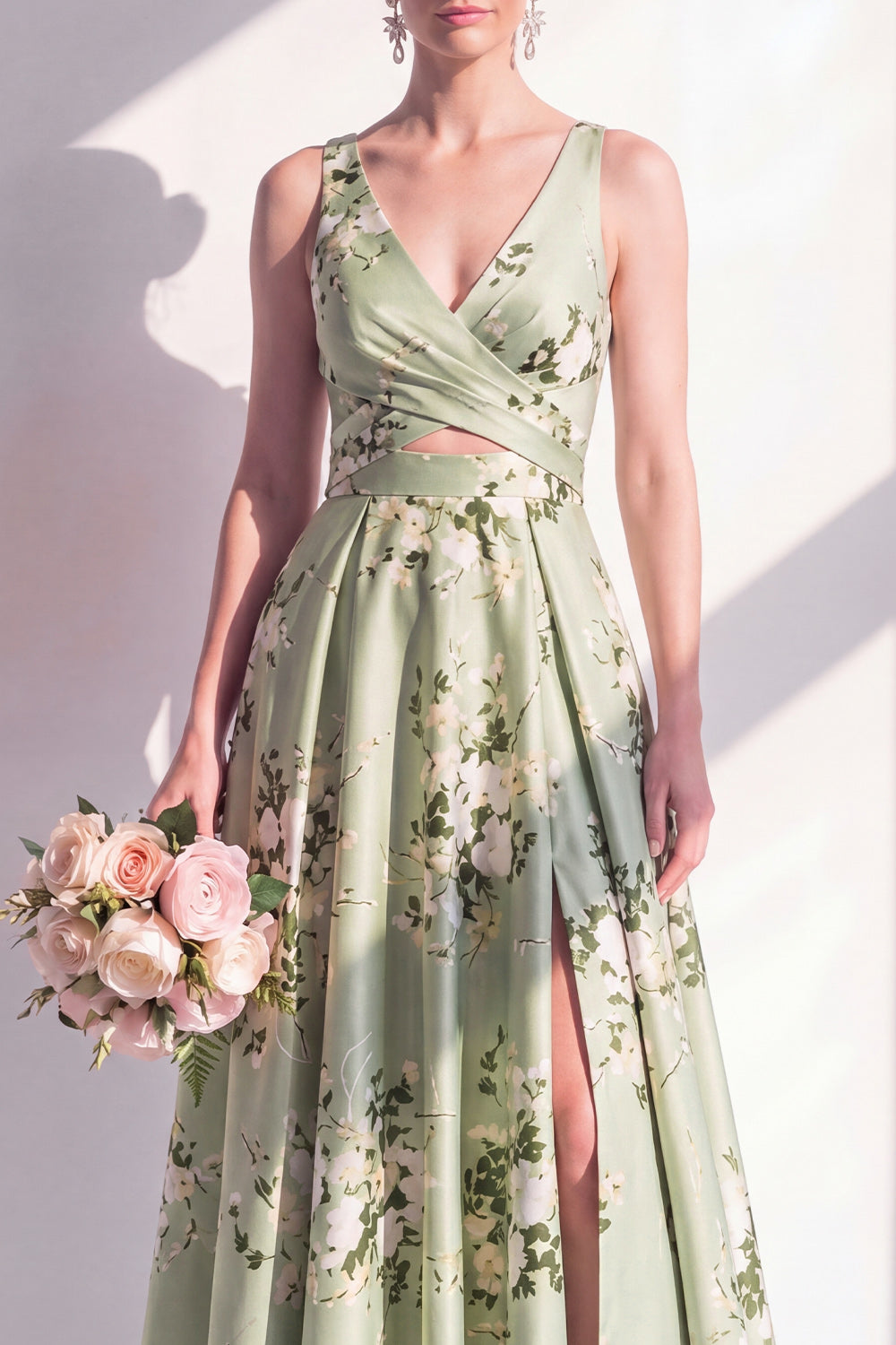 Zapaka Women Sage Green Long Bridesmaid Dress with Slit Floral A-Line Satin V-Neck Wedding Guest Dress, Sage Green / US24W