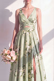 Keyhole Sage Green Floral V-Neck A Line Long Bridesmaid Dress with Slit