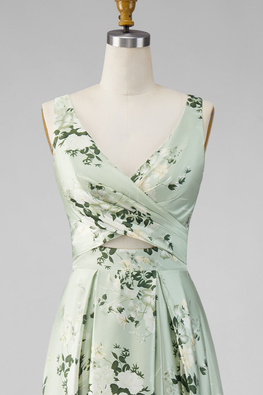Keyhole Sage Green Floral V-Neck A Line Long Bridesmaid Dress with Slit