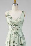 Keyhole Sage Green Floral V-Neck A Line Long Bridesmaid Dress with Slit