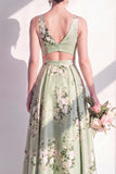 Keyhole Sage Green Floral V-Neck A Line Long Bridesmaid Dress with Slit