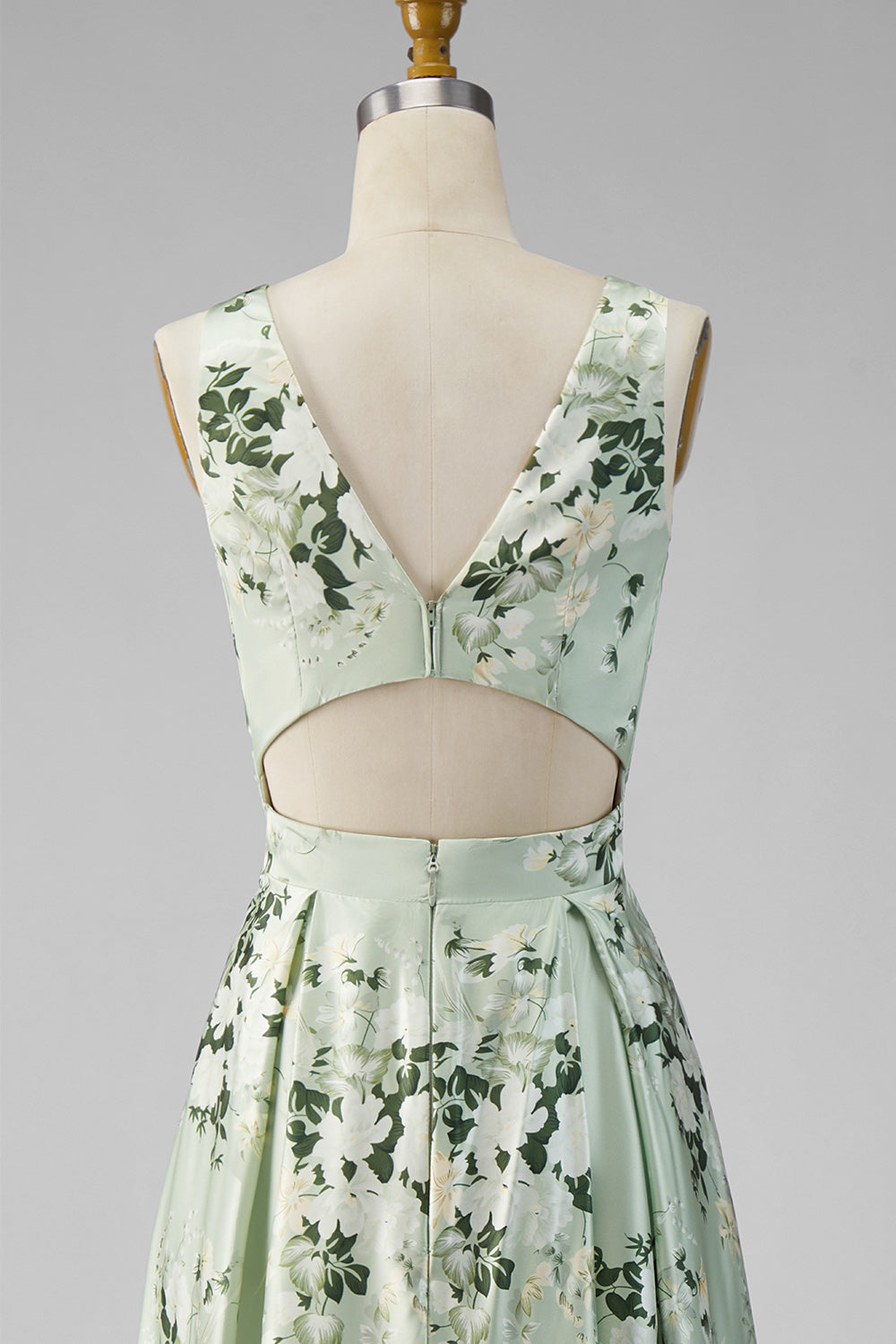 Keyhole Sage Green Floral V-Neck A Line Long Bridesmaid Dress with Slit