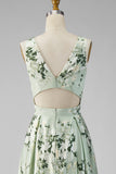 Keyhole Sage Green Floral V-Neck A Line Long Bridesmaid Dress with Slit