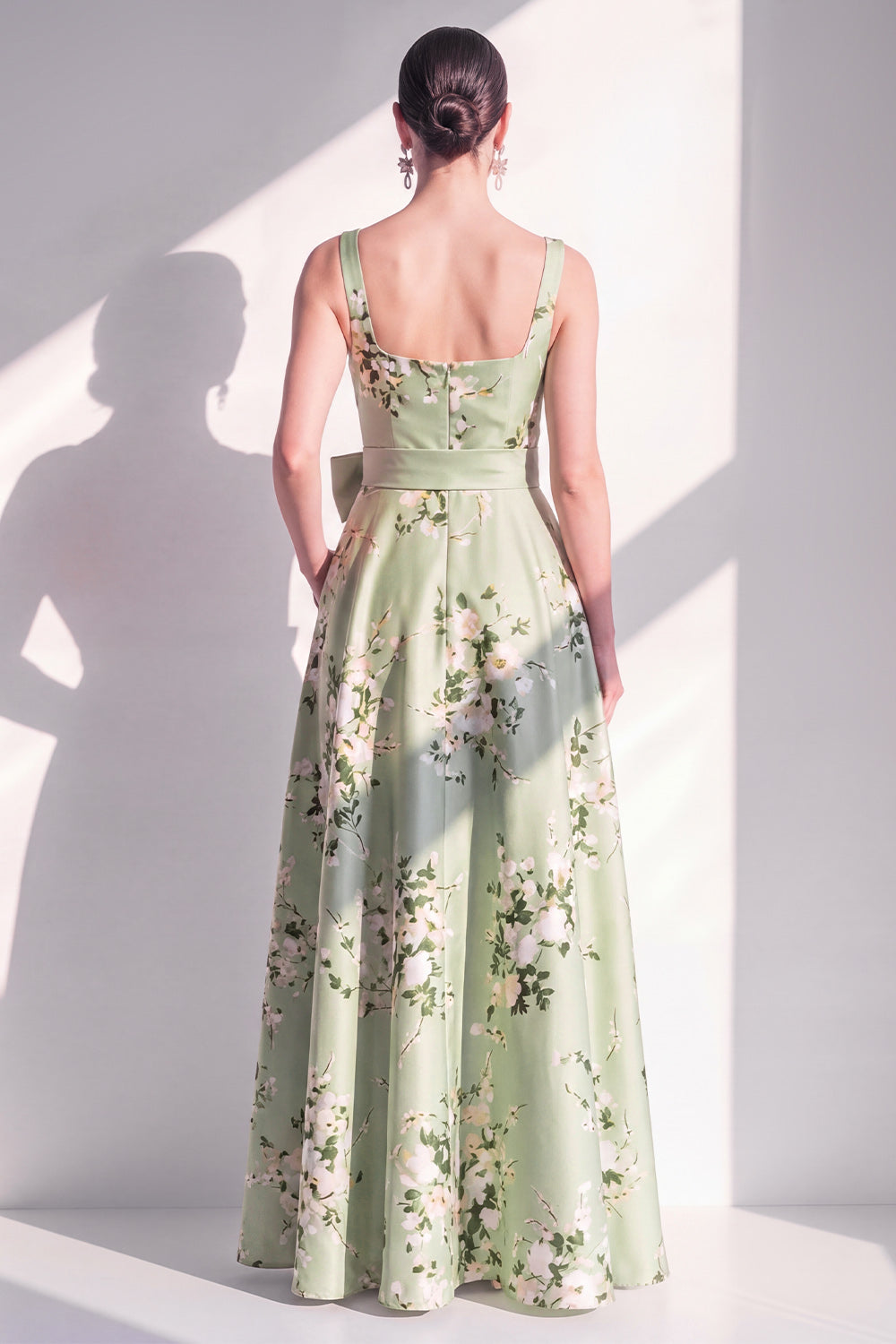 Square Neck Sage Green Floral A Line Long Bridesmaid Dress with Pockets