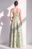 Square Neck Sage Green Floral A Line Long Bridesmaid Dress with Pockets
