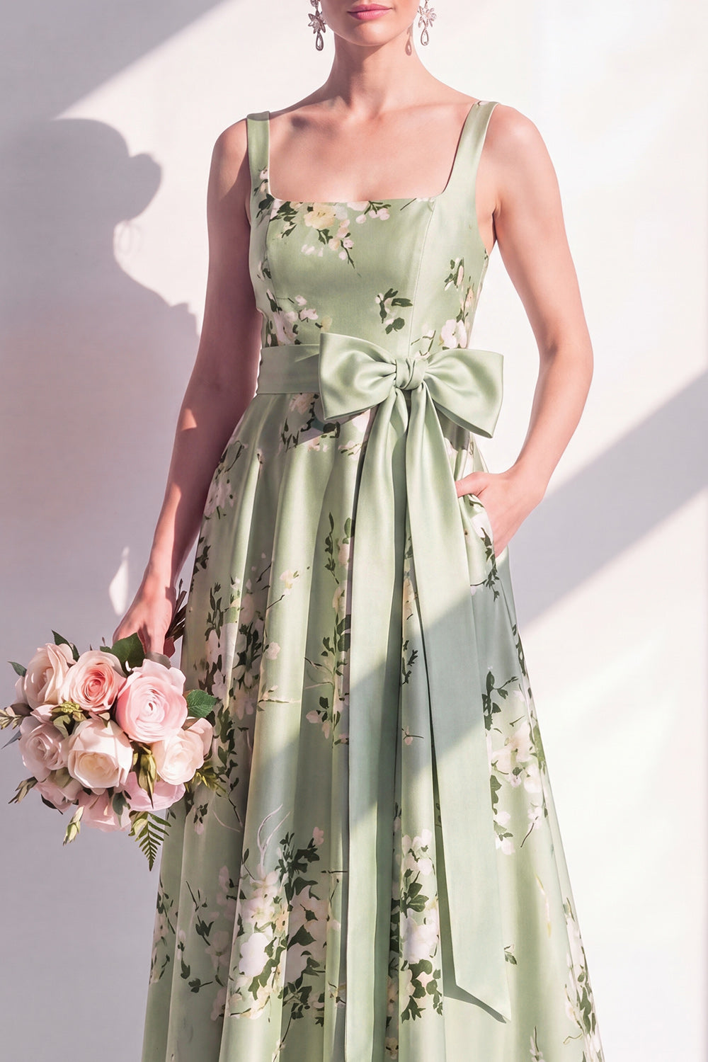 Square Neck Sage Green Floral A Line Long Bridesmaid Dress with Pockets