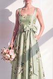 Square Neck Sage Green Floral A Line Long Bridesmaid Dress with Pockets