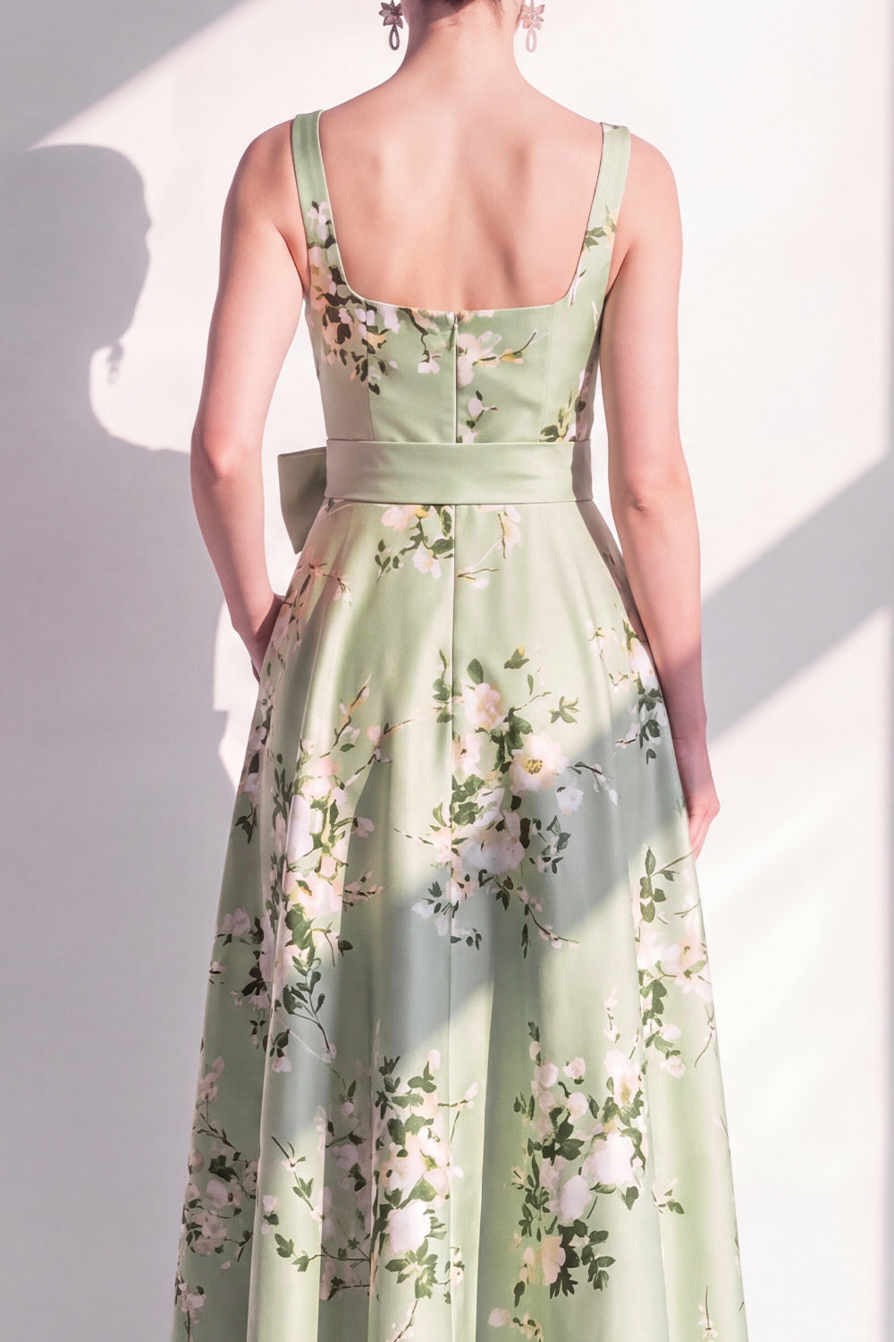 Square Neck Sage Green Floral A Line Long Bridesmaid Dress with Pockets