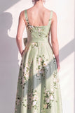 Square Neck Sage Green Floral A Line Long Bridesmaid Dress with Pockets