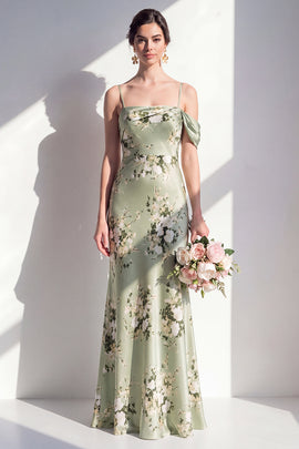 Mermaid Sage Green Floral Cold Shoulder Long Bridesmaid Dress