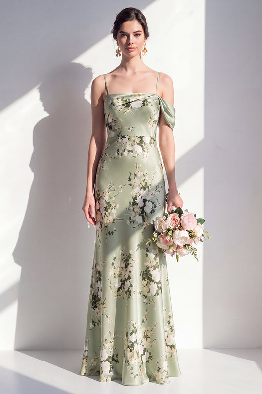 Mermaid Sage Green Floral Cold Shoulder Long Bridesmaid Dress