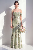 Mermaid Sage Green Floral Cold Shoulder Long Bridesmaid Dress