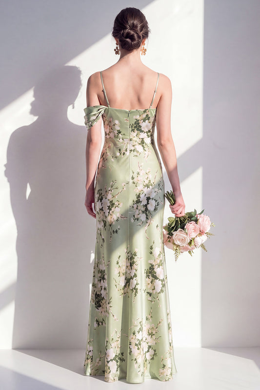 Mermaid Sage Green Floral Cold Shoulder Long Bridesmaid Dress