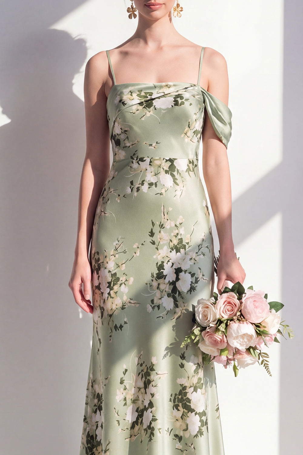 Mermaid Sage Green Floral Cold Shoulder Long Bridesmaid Dress