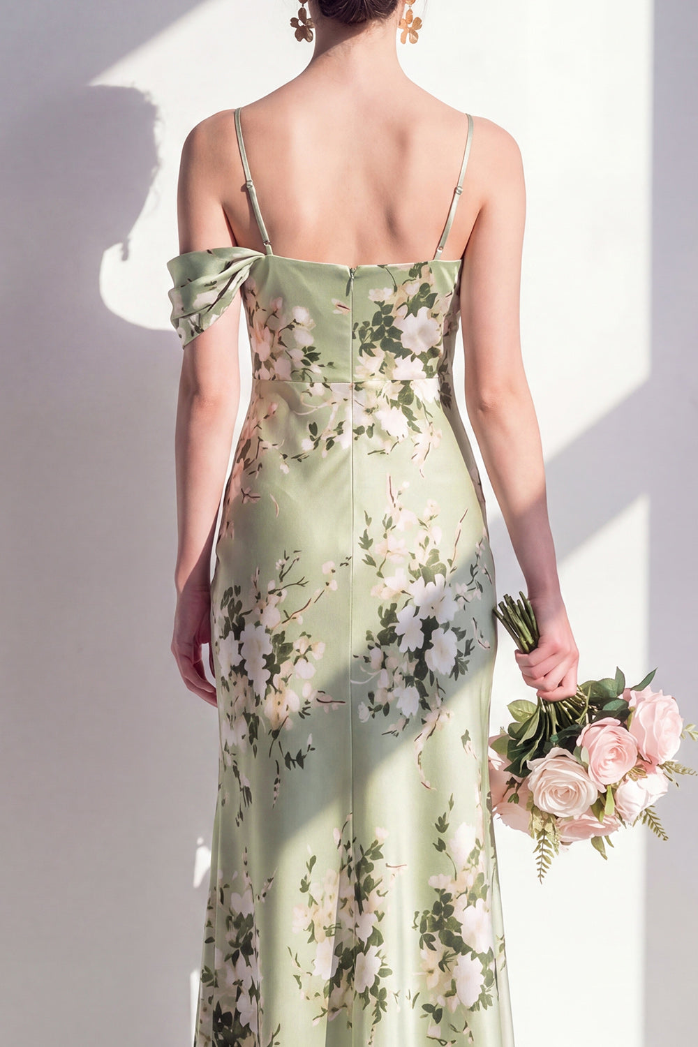 Mermaid Sage Green Floral Cold Shoulder Long Bridesmaid Dress