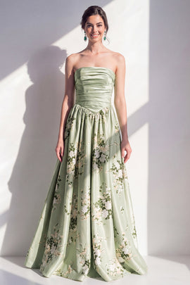 Strapless Sage Green Floral Ruched A Line Long Bridesmaid Dress