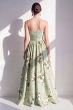 Strapless Sage Green Floral Ruched A Line Long Bridesmaid Dress