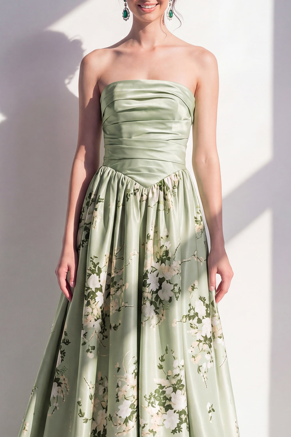 Strapless Sage Green Floral Ruched A Line Long Bridesmaid Dress
