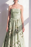 Strapless Sage Green Floral Ruched A Line Long Bridesmaid Dress