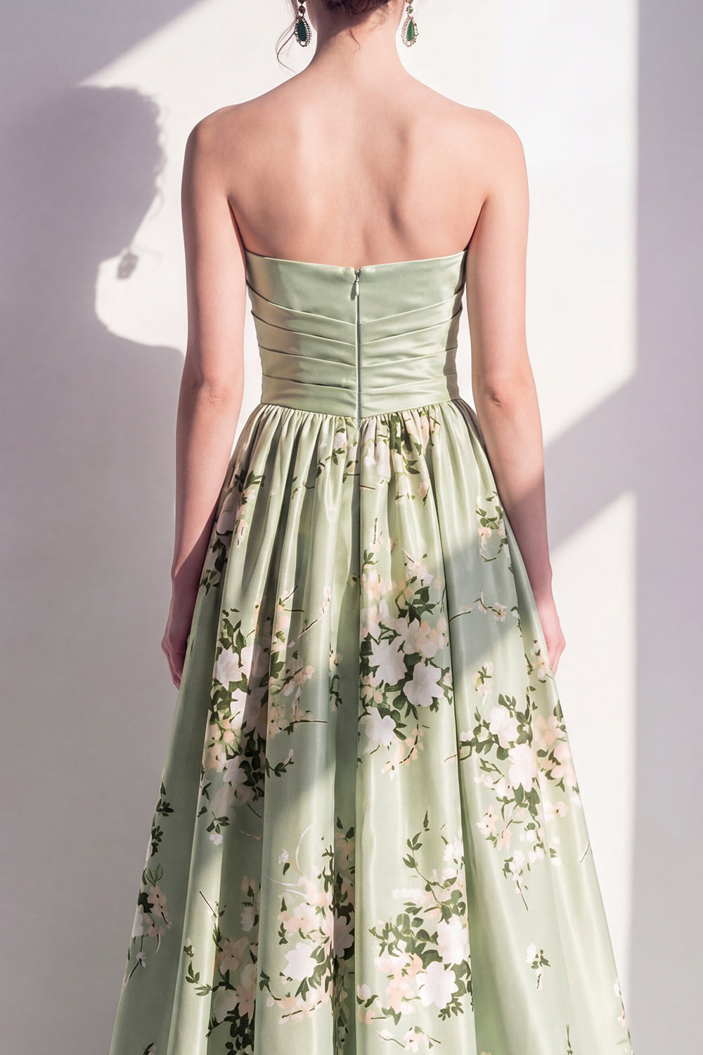 Strapless Sage Green Floral Ruched A Line Long Bridesmaid Dress