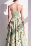 Strapless Sage Green Floral Ruched A Line Long Bridesmaid Dress