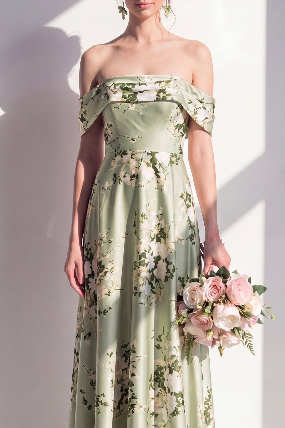 Off the Shoulder Sage Green Floral A Line Long Bridesmaid Dress