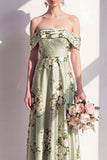 Off the Shoulder Sage Green Floral A Line Long Bridesmaid Dress
