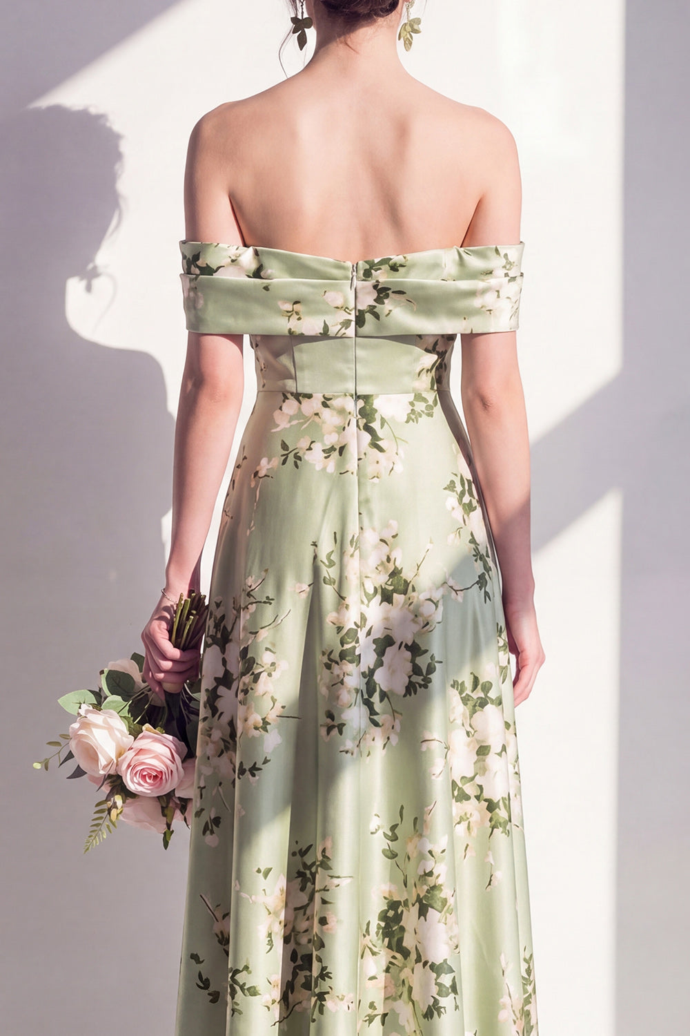 Off the Shoulder Sage Green Floral A Line Long Bridesmaid Dress
