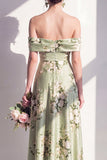 Off the Shoulder Sage Green Floral A Line Long Bridesmaid Dress