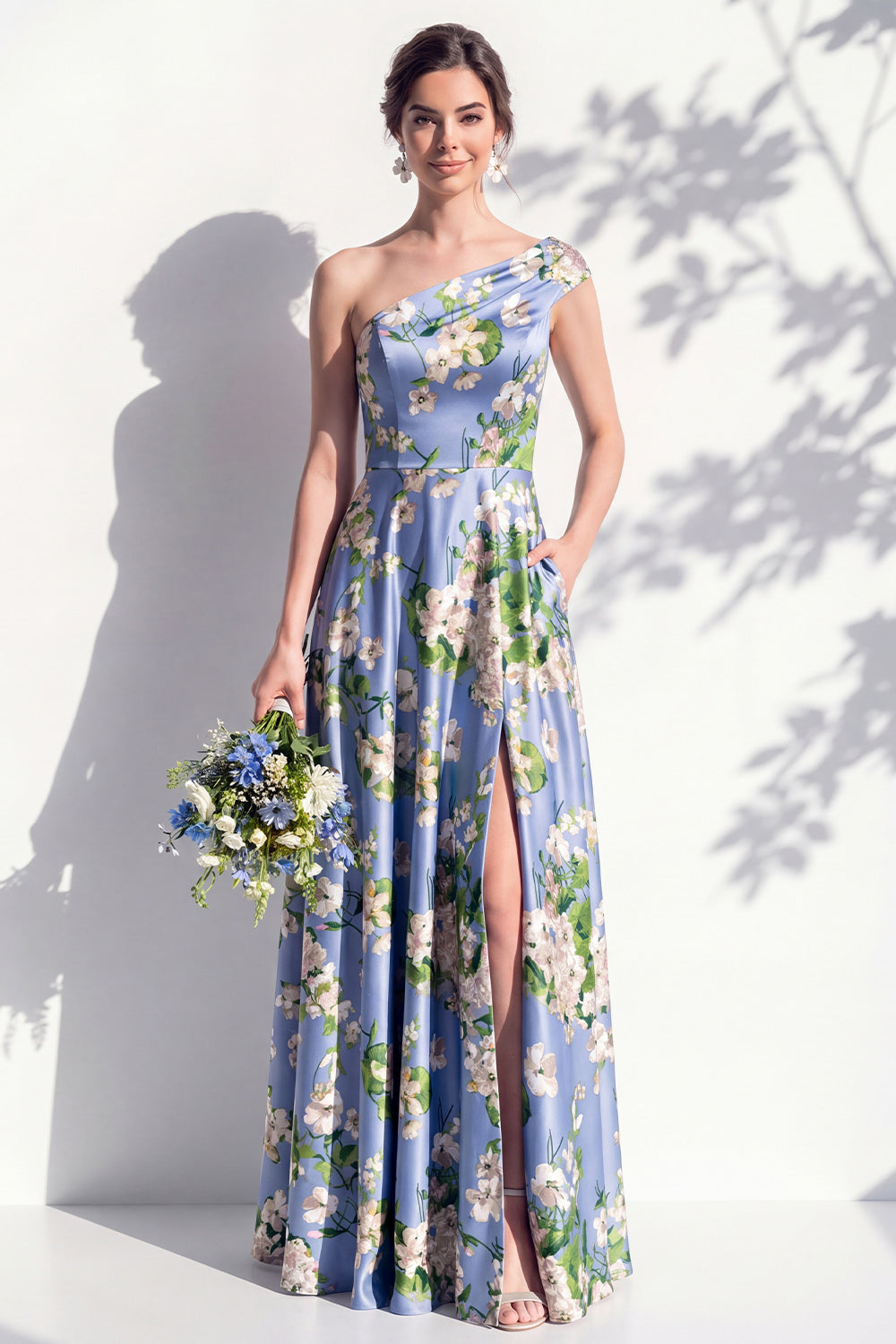 Blue One Shoulder Floral A Line Long Bridesmaid Dress with Pockets