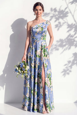 Blue One Shoulder Floral A Line Long Bridesmaid Dress with Pockets