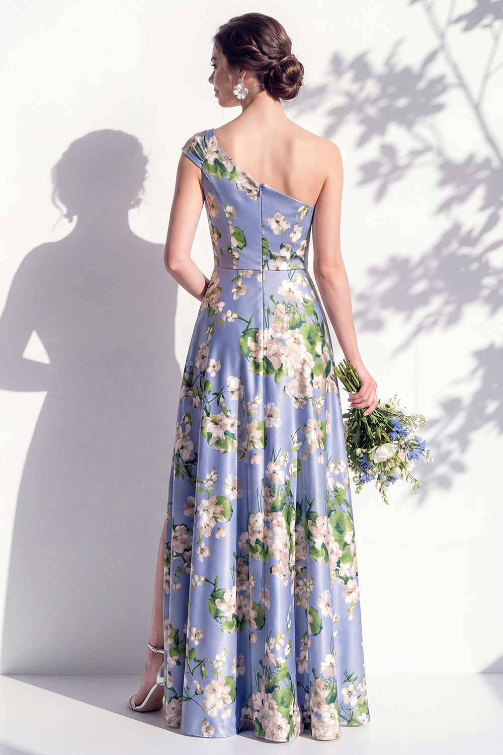 Blue One Shoulder Floral A Line Long Bridesmaid Dress with Pockets