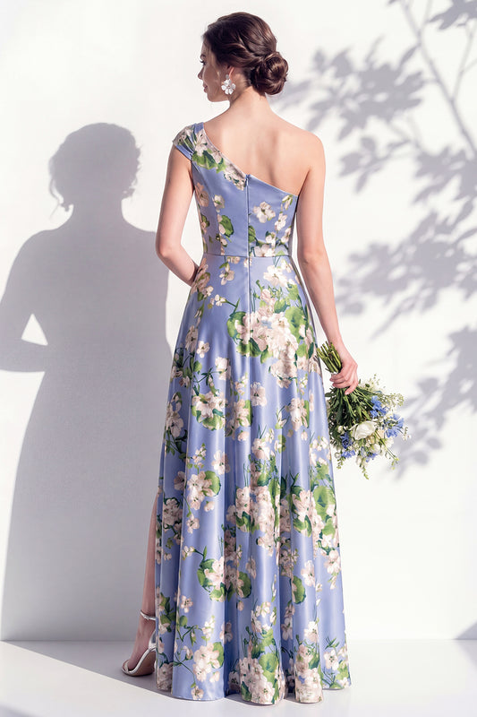 Blue One Shoulder Floral A Line Long Bridesmaid Dress with Pockets