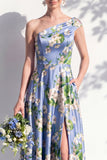 Blue One Shoulder Floral A Line Long Bridesmaid Dress with Pockets