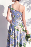 Blue One Shoulder Floral A Line Long Bridesmaid Dress with Pockets