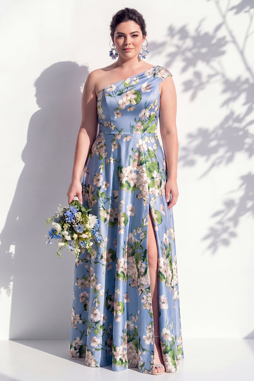 Blue One Shoulder Floral A Line Long Bridesmaid Dress with Pockets