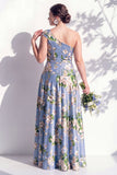 Blue One Shoulder Floral A Line Long Bridesmaid Dress with Pockets