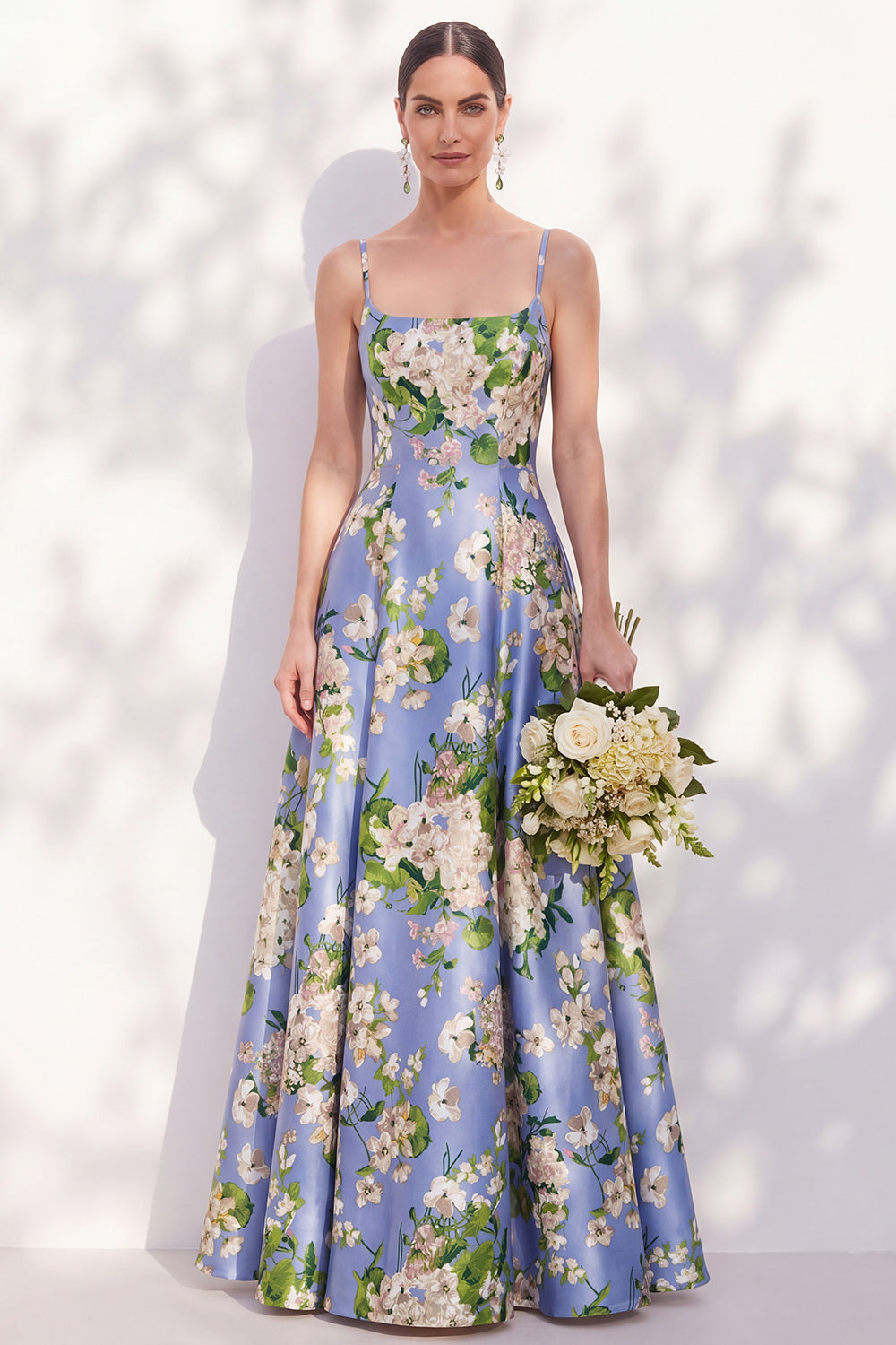 Blue Spaghetti Straps Floral A Line Long Bridesmaid Dress
