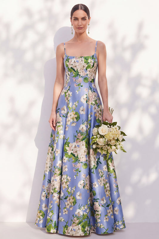 Blue Spaghetti Straps Floral A Line Long Bridesmaid Dress
