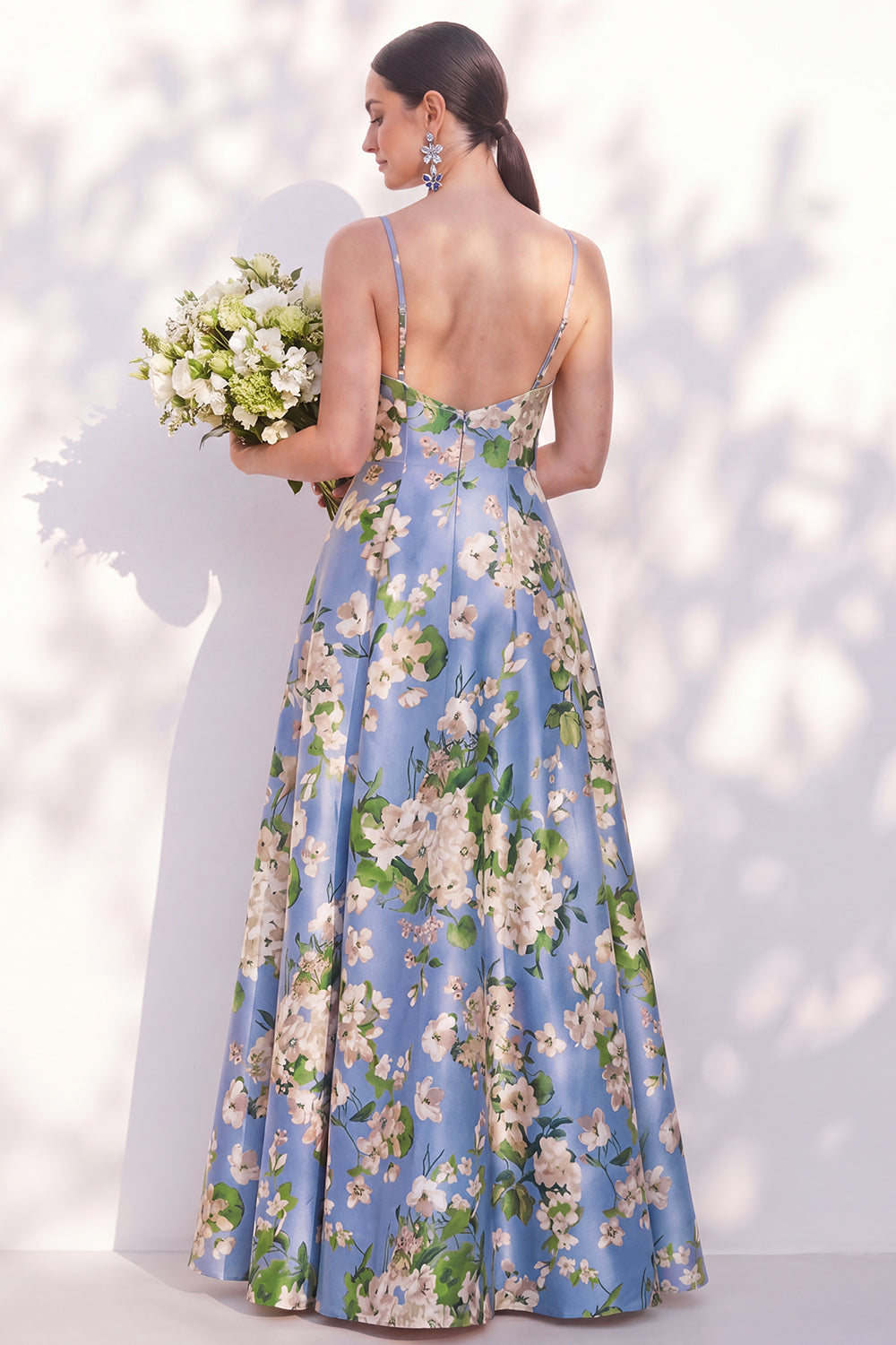 Blue Spaghetti Straps Floral A Line Long Bridesmaid Dress