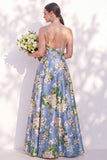 Blue Spaghetti Straps Floral A Line Long Bridesmaid Dress