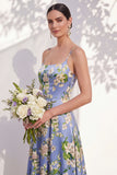 Blue Spaghetti Straps Floral A Line Long Bridesmaid Dress
