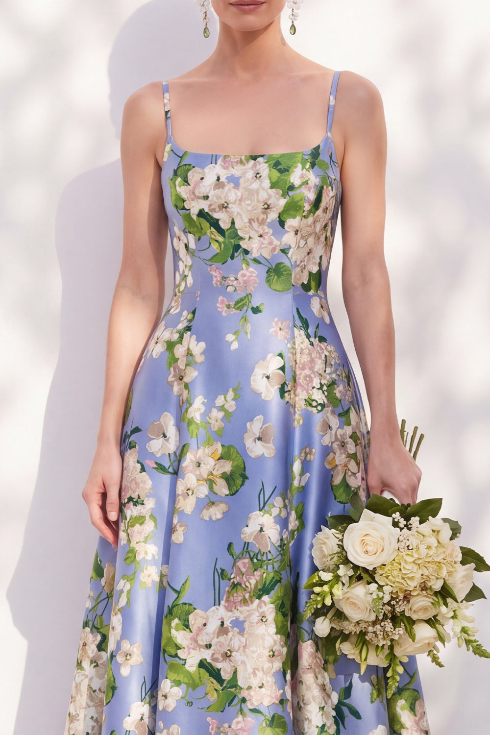 Blue Spaghetti Straps Floral A Line Long Bridesmaid Dress