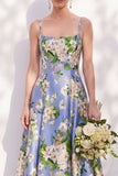 Blue Spaghetti Straps Floral A Line Long Bridesmaid Dress